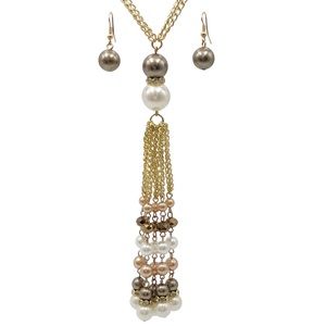 🔴 CLEARANCE Long Brown White Tones Beaded Tassel Necklace Set